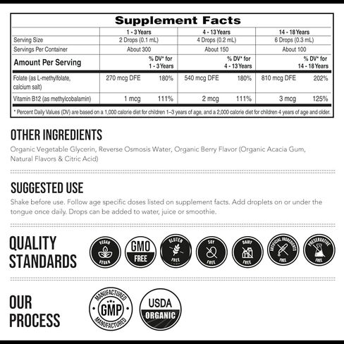 Organic Kids Methylfolate + Methyl B12 Cofactor - Organic Berry Flavor, Sublingual Form - 5-MTHF Form, Superior Form of Folate - Adjustable Dosing for All Ages - Mood, Behavior, Cognition - 1 oz. in Saudi Arabia