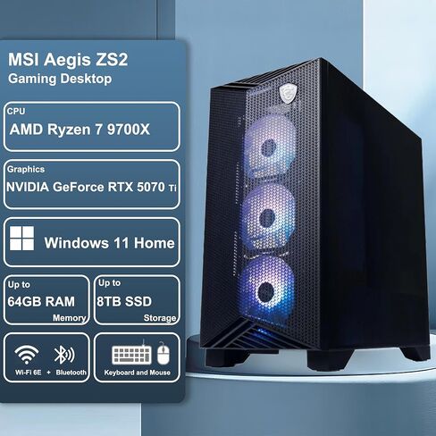 كمبيوتر مكتبي للألعاب msi Aegis ZS2 AMD 8-core Ryzen 7 9700X 64GB RAM 2TB SSD GeForce RTX 5070 Ti DLSS 4 (ما يصل إلى 1406 AI Tops) مبرد سائل 360 مم 750 وات 80+ ذهبي PSU يدعم HDD Win11 مع محور ICP in Saudi Arabia
