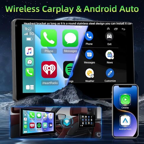 NHOPEEW Car Headrest Video Player, 9 inch IPS Screen Headrest TV Support Phone Wireless Carplay and Android Auto, Mirror Link, Video Website, Voice Control + 64G Memory Card in Saudi Arabia