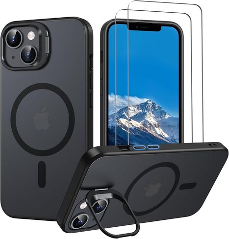 for iPhone-13 Case/iPhone-14 Phone Case: with 2X Screen Protector, Strong Magnetic Compatible with MagSafe Case for iPhone 13/14, Adjustic Lens Stand, Slim & Matte Translucent Case, Black in Saudi Arabia
