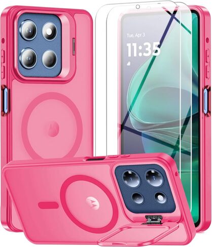 حافظة مغناطيسية لهاتف Motorola Moto G 5G 2025/ G 5G 2026/ G Play 2026، حافظة هاتف Moto G 5G 2026 مع واقي شاشة 2X [حامل حلقة كاميرا مدمج] [مناسب لـ MagSafe] غطاء شفاف مقاوم للصدمات، وردي فاقع in Kuwait