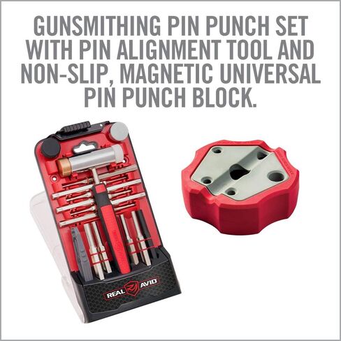 Real Avid Pin Punch Set & Hammer + Non-Slip Magnetic Bench Block | 10 Standard Nickel-Plated Steel Pin Punches, 4 Interchangeable Hammer Heads - Brass, Steel, Rubber, Nylon & Non-Marring Bench Block in Kuwait