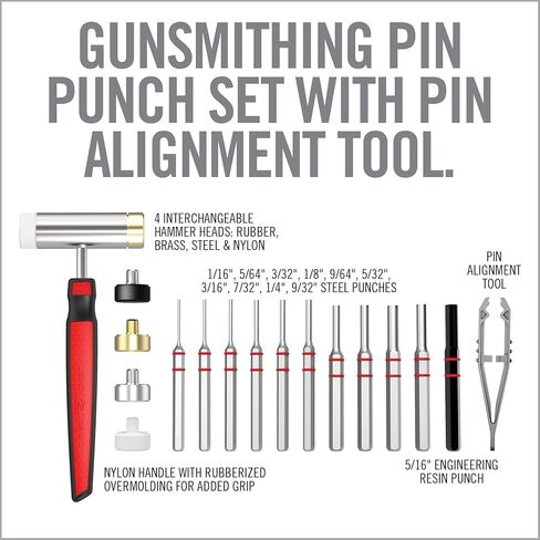 Real Avid Pin Punch Set & Hammer + Non-Slip Magnetic Bench Block | 10 Standard Nickel-Plated Steel Pin Punches, 4 Interchangeable Hammer Heads - Brass, Steel, Rubber, Nylon & Non-Marring Bench Block in Kuwait