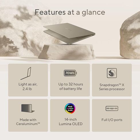 ASUS Zenbook 14 AI Business Laptop (14 بوصة FHD+ OLED، Snapdragon X Plus (>Intel i7-1355U)، 16 جيجابايت 8533MT/s، 1 تيرابايت SSD)، Copilot+ PC، IST Hub، كاميرا ويب IR، بطارية 32 ساعة، 2X Thunderbolt 4، Win 11 Home، UX3407 in Kuwait