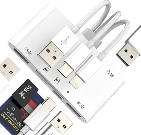 قارئ بطاقات SD (6 في 1) محول USB Lightning USB C إلى OTG TF شاحن أنثى لهاتف Iphone 17 16 15 14 13 Pro Max عصا ذاكرة الكاميرا الرقمية لنقل Apple Android Hub لأجهزة Ipad المتوافقة مع Samsung in Kuwait