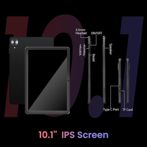تابلت أندرويد، 10.1 بوصة أندرويد 15 تابلت 18 (6+12) جيجابايت رام 128 جيجابايت روم، شاشة لمس عالية الدقة 1280x800 إنسيل، بطارية 6000 مللي أمبير، بلوتوث، كاميرا مزدوجة، GMS، واي فاي (أسود) in Kuwait