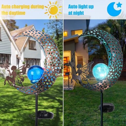 Bshine Moon Solar Light Outdoor Garden Decor,2 Pack Moon Fairy Garden Statue Valentine's Day Decor,Metal Waterproof Light Stake for Patio, Path, Yard and Lawn Ornament, Housewarming Gift for Mom in Saudi Arabia