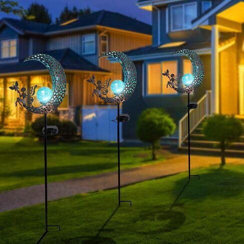 Bshine Moon Solar Light Outdoor Garden Decor,2 Pack Moon Fairy Garden Statue Valentine's Day Decor,Metal Waterproof Light Stake for Patio, Path, Yard and Lawn Ornament, Housewarming Gift for Mom in Saudi Arabia