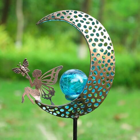 Bshine Moon Solar Light Outdoor Garden Decor,2 Pack Moon Fairy Garden Statue Valentine's Day Decor,Metal Waterproof Light Stake for Patio, Path, Yard and Lawn Ornament, Housewarming Gift for Mom in Saudi Arabia