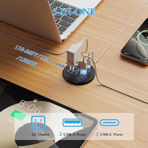 حلقة تثبيت طاقة مكتبية مقاس 2.5 بوصة مع شحن سريع USB C بقوة 20 وات، حلقة تثبيت سطح مكتب مجوفة مع مخرج تيار متردد و4 منافذ USB 6 أقدام مخرج طاقة مجوف للمؤتمرات وطاولات المكتب والأثاث، أسود in Kuwait