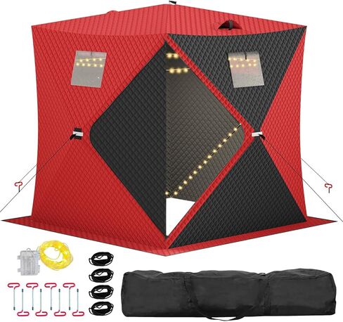 Pop-Up Ice Fishing Shelter for 2-3 Persons,Portable Insulated Ice Fishing Tent with 49ft LED Light Strip,Carry Bag & Anchors,25 Sq ft Fishable Area, Windproof,Blue+Black in Saudi Arabia