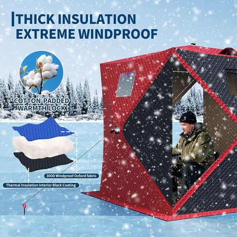 Pop-Up Ice Fishing Shelter for 2-3 Persons,Portable Insulated Ice Fishing Tent with 49ft LED Light Strip,Carry Bag & Anchors,25 Sq ft Fishable Area, Windproof,Blue+Black in Saudi Arabia