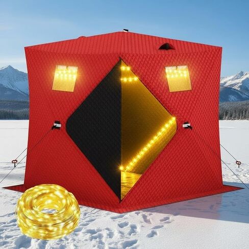 Pop-Up Ice Fishing Shelter for 2-3 Persons,Portable Insulated Ice Fishing Tent with 49ft LED Light Strip,Carry Bag & Anchors,25 Sq ft Fishable Area, Windproof,Blue+Black in Saudi Arabia