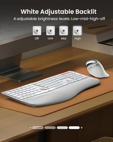 ProtoArc EK01 Plus Backlit Bluetooth Ergonomic Keyboard White Silver and EM11 NL Bluetooth Rechargeable Ergonomic Mouse White Silver with MP50 Ergonomic Mouse Pad with Wrist Rest Black in Saudi Arabia