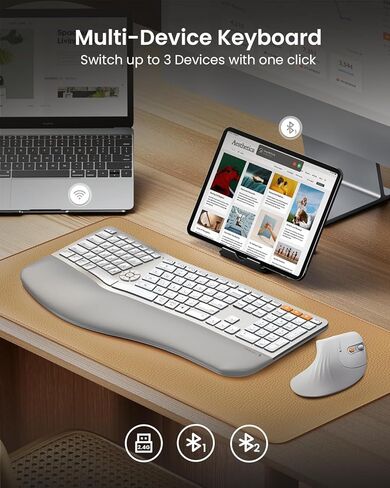 ProtoArc EK01 Plus Backlit Bluetooth Ergonomic Keyboard White Silver and EM11 NL Bluetooth Rechargeable Ergonomic Mouse White Silver with MP50 Ergonomic Mouse Pad with Wrist Rest Black in Saudi Arabia