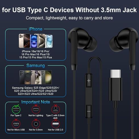 سماعات أذن USB C Samsung سلكية لهاتف Samsung Galaxy S25 Edge S24 Z Flip 7 Z Fold7 A17 A16 A26 A36 A56 A55 A35 A25 A15 A54، Galaxy S25 سماعات أذن سلكية من النوع C مع ميكروفون لهاتف iPhone 17 16 15 in Kuwait