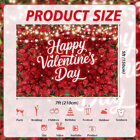 Valentine's Day Red Rose Backdrop Floral Fairy Lights Heart Love Theme Photography Background for Valentine's Day Party Decoration Romantic Photo Booth Props Wedding Anniversary Supplies 7x5FT in Saudi Arabia