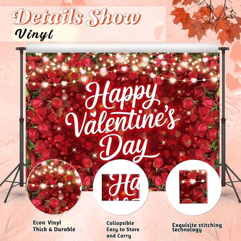 Valentine's Day Red Rose Backdrop Floral Fairy Lights Heart Love Theme Photography Background for Valentine's Day Party Decoration Romantic Photo Booth Props Wedding Anniversary Supplies 7x5FT in Kuwait