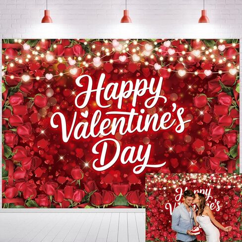 Valentine's Day Red Rose Backdrop Floral Fairy Lights Heart Love Theme Photography Background for Valentine's Day Party Decoration Romantic Photo Booth Props Wedding Anniversary Supplies 7x5FT in Kuwait
