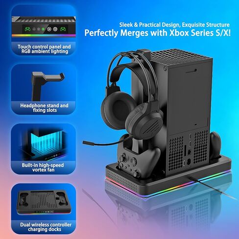 مروحة تبريد وحامل شحن لوحدة التحكم ووحدة التحكم Xbox Series X/S، نظام تبريد عمودي ملحقات قاعدة شحن مزدوجة لسلسلة Xbox S/X مع أضواء RGB، حامل سماعة رأس مستقل in Kuwait
