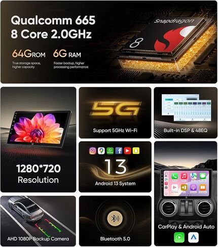 Android Qualcomm (6G+64G) راديو السيارة لسيارة Jeep Wrangler JK(2007-2018) Dodge Ram 1500(2009-2012)، مع Carplay اللاسلكي Android Auto GPS Navigation Bluetooth WiFi الخلفية احتياطية الكاميرا استبدال ستيريو in Kuwait