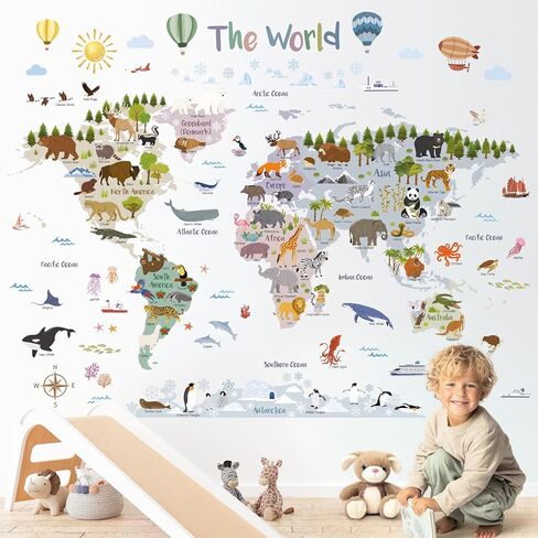 ملصقات حائط لخريطة عالم الحيوان من DECOWALL SG2-2516 - ملصقات خريطة العالم التعليمية مع حيوانات لغرفة الأطفال والحضانة وغرفة اللعب - لوحة فنية جدارية قابلة للإزالة وتغيير الموضع - 105.2 × 83.2 سم / 41.4 × 32.7 بوصة in Kuwait