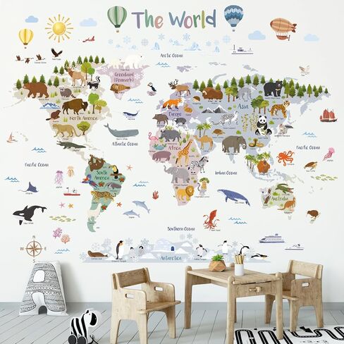 ملصقات حائط لخريطة عالم الحيوان من DECOWALL SG2-2516 - ملصقات خريطة العالم التعليمية مع حيوانات لغرفة الأطفال والحضانة وغرفة اللعب - لوحة فنية جدارية قابلة للإزالة وتغيير الموضع - 105.2 × 83.2 سم / 41.4 × 32.7 بوصة in Kuwait