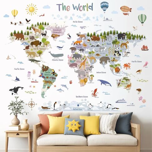 ملصقات حائط لخريطة عالم الحيوان من DECOWALL SG2-2516 - ملصقات خريطة العالم التعليمية مع حيوانات لغرفة الأطفال والحضانة وغرفة اللعب - لوحة فنية جدارية قابلة للإزالة وتغيير الموضع - 105.2 × 83.2 سم / 41.4 × 32.7 بوصة in Kuwait