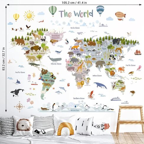 ملصقات حائط لخريطة عالم الحيوان من DECOWALL SG2-2516 - ملصقات خريطة العالم التعليمية مع حيوانات لغرفة الأطفال والحضانة وغرفة اللعب - لوحة فنية جدارية قابلة للإزالة وتغيير الموضع - 105.2 × 83.2 سم / 41.4 × 32.7 بوصة in Kuwait