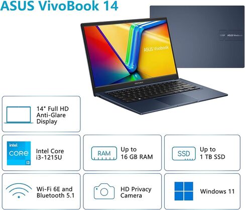 كمبيوتر محمول للأعمال ASUS VivoBook 14 | 14 بوصة FHD مضادة للتوهج | Intel Hexa-Core i3-1215U (>i7-1165G7) | 16 جيجابايت DDR4 512 جيجابايت SSD | كاميرا خصوصية من النوع C SonicMaster Win11 أزرق مع ملحق DLCA in Kuwait