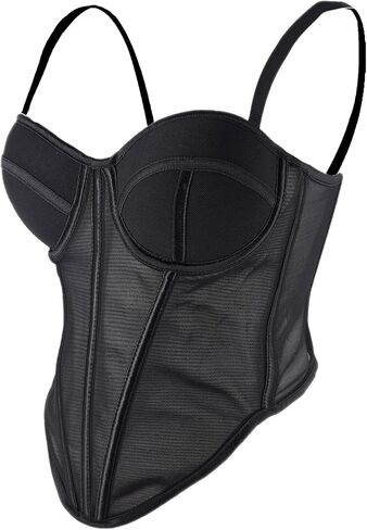 ELLACCI Women's Black Mesh Corset Top with Black Trim Spaghetti Strap Push-Up Bustier Tops in Saudi Arabia