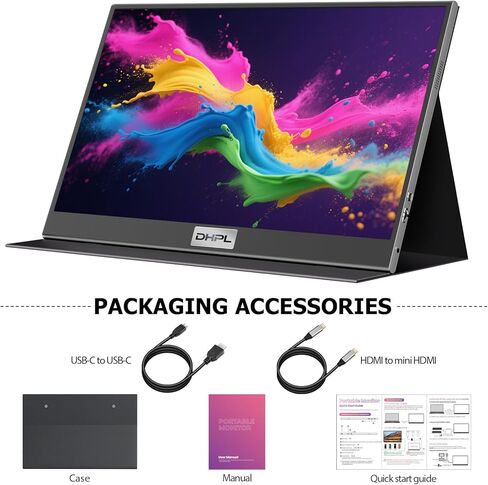 شاشة محمولة DHPL مقاس 15.6 بوصة للكمبيوتر المحمول - شاشة FHD 1080P IPS مضادة للتوهج، ومنفذ USB-C/HDMI مزدوج، ومكبرات صوت مدمجة، وفتحات VESA - موسع شاشة السفر متوافق مع جهاز الكمبيوتر المحمول والهاتف PS4/5 Switch in Saudi Arabia