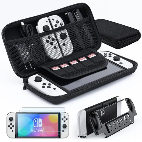 Switch OLED Accessories Bundle - amFilm TechMatte 3-in-1 Essential Kit with Carrying Case, 2 Glass Screen Protectors, Designed for Nintendo Switch OLED Model 2021, Classic Black in Saudi Arabia