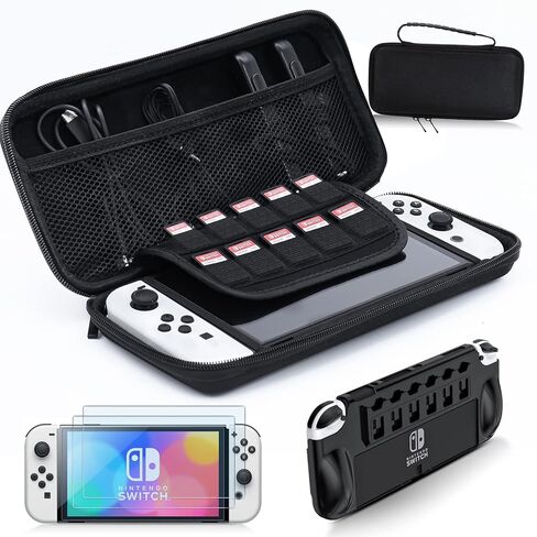 Switch OLED Accessories Bundle - amFilm TechMatte 3-in-1 Essential Kit with Carrying Case, 2 Glass Screen Protectors, Designed for Nintendo Switch OLED Model 2021, Classic Black in Saudi Arabia