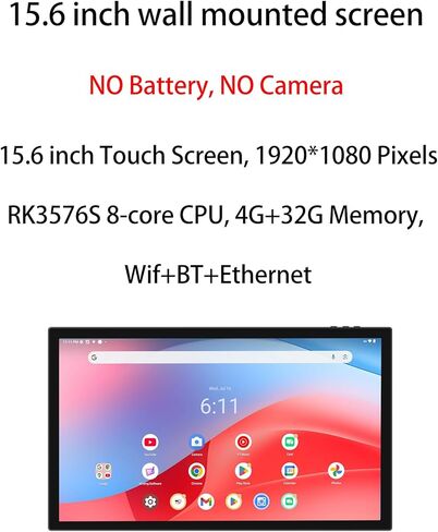 Slim Edge 15.6 بوصة Android 14 RK3576S لافتات رقمية ثماني النواة، تابلت بشاشة تعمل باللمس 1080P IPS مع POE، شاشة مراقبة لوحة تحكم Google Smart Home (لا توجد بطارية ولا كاميرا) (أبيض) in Kuwait