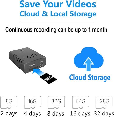 كاميرا مراقبة W-Mini مع بطاقة SD سعة 64 جيجابايت، بطارية مدمجة، فيديو عالي الدقة، رؤية ليلية، كشف الحركة، تخزين سحابي، واي فاي وكاميرا داخلية غير متصلة بالإنترنت للمنزل والمكتب ومراقبة السيارة والمزيد in Kuwait