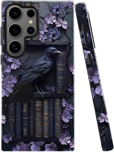 Case for Samsung Galaxy S25 Ultra,Purple Floral Crow Bookshelf Phone Case Drop Resistant Glossy 2 in 1 Solid Dual-Layer Cover for Girl Women in Kuwait