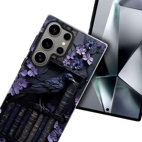 Case for Samsung Galaxy S25 Ultra,Purple Floral Crow Bookshelf Phone Case Drop Resistant Glossy 2 in 1 Solid Dual-Layer Cover for Girl Women in Kuwait