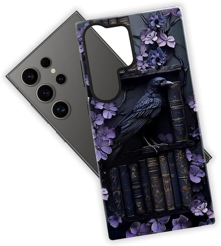 Case for Samsung Galaxy S25 Ultra,Purple Floral Crow Bookshelf Phone Case Drop Resistant Glossy 2 in 1 Solid Dual-Layer Cover for Girl Women in Kuwait