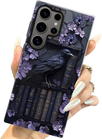 Case for Samsung Galaxy S25 Ultra,Purple Floral Crow Bookshelf Phone Case Drop Resistant Glossy 2 in 1 Solid Dual-Layer Cover for Girl Women in Kuwait