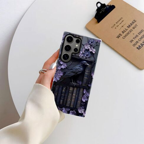 Case for Samsung Galaxy S25 Ultra,Purple Floral Crow Bookshelf Phone Case Drop Resistant Glossy 2 in 1 Solid Dual-Layer Cover for Girl Women in Kuwait