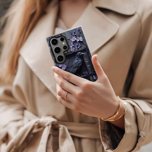 Case for Samsung Galaxy S25 Ultra,Purple Floral Crow Bookshelf Phone Case Drop Resistant Glossy 2 in 1 Solid Dual-Layer Cover for Girl Women in Kuwait