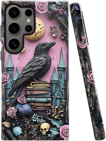Case for Samsung Galaxy S25 Ultra,Purple Floral Crow Bookshelf Phone Case Drop Resistant Glossy 2 in 1 Solid Dual-Layer Cover for Girl Women in Kuwait
