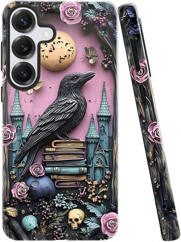 Case for Samsung Galaxy S25 Ultra,Purple Floral Crow Bookshelf Phone Case Drop Resistant Glossy 2 in 1 Solid Dual-Layer Cover for Girl Women in Kuwait