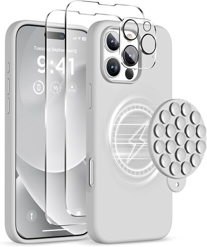 حافظة مغناطيسية لهاتف iPhone 16 Pro Max، متوافقة مع Magsafe، حامل الهاتف بكأس الشفط، [حامي شاشة] [واقي الكاميرا] غطاء هاتف واقٍ من السيليكون مقاوم للصدمات مقاس 6.9 بوصة، حجري in Saudi Arabia
