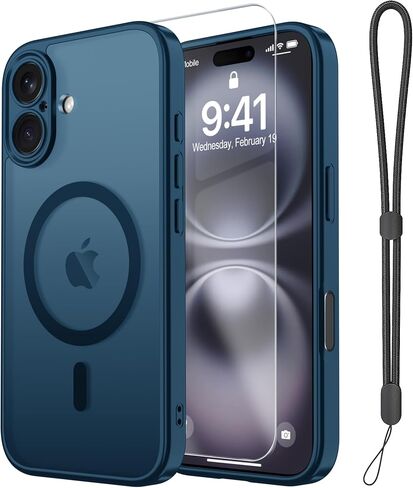 Janmitta Magnetic for iPhone 16 Case,with Screen Protector+Wrist Strap,Compatible with MagSafe,Camera Protection,Military Grade Drop Protection,Slim Translucent Matte Phone Cover,Deep Blue in Kuwait