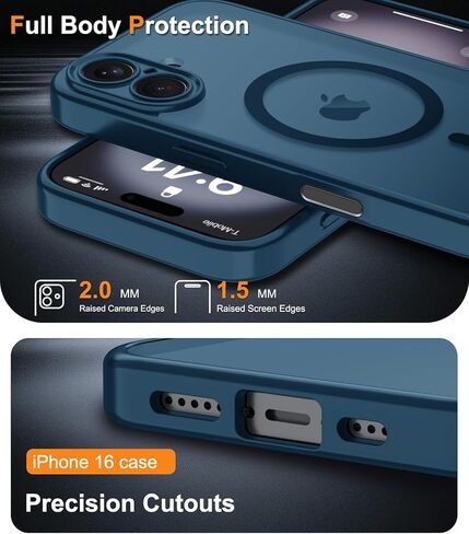 Janmitta Magnetic for iPhone 16 Case,with Screen Protector+Wrist Strap,Compatible with MagSafe,Camera Protection,Military Grade Drop Protection,Slim Translucent Matte Phone Cover,Deep Blue in Kuwait