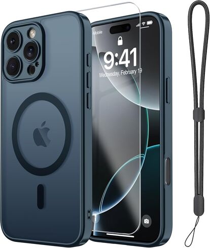 Janmitta Magnetic for iPhone 16 Case,with Screen Protector+Wrist Strap,Compatible with MagSafe,Camera Protection,Military Grade Drop Protection,Slim Translucent Matte Phone Cover,Deep Blue in Kuwait