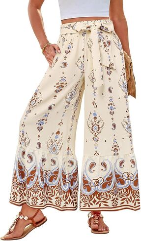GRACE KARIN Women's 2025 Summer Wide Leg Palazzo Pants Elastic High Waisted Boho Casual Flowy Beach Pants with Pockets in Saudi Arabia