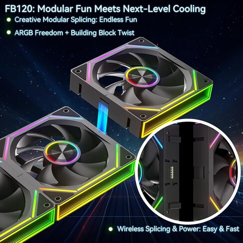 FB120 3 Pack 120mm ARGB PC Case Fans - توصيل لاسلكي / تصميم سلسلة ديزي، 16.8 مليون لون تصميم مرآة لا نهائي مع جهاز تحكم عن بعد، تحكم في سرعة PWM، تدفق هواء عالي، تبريد هادئ لبناء أجهزة الكمبيوتر الشخصية للألعاب in Kuwait